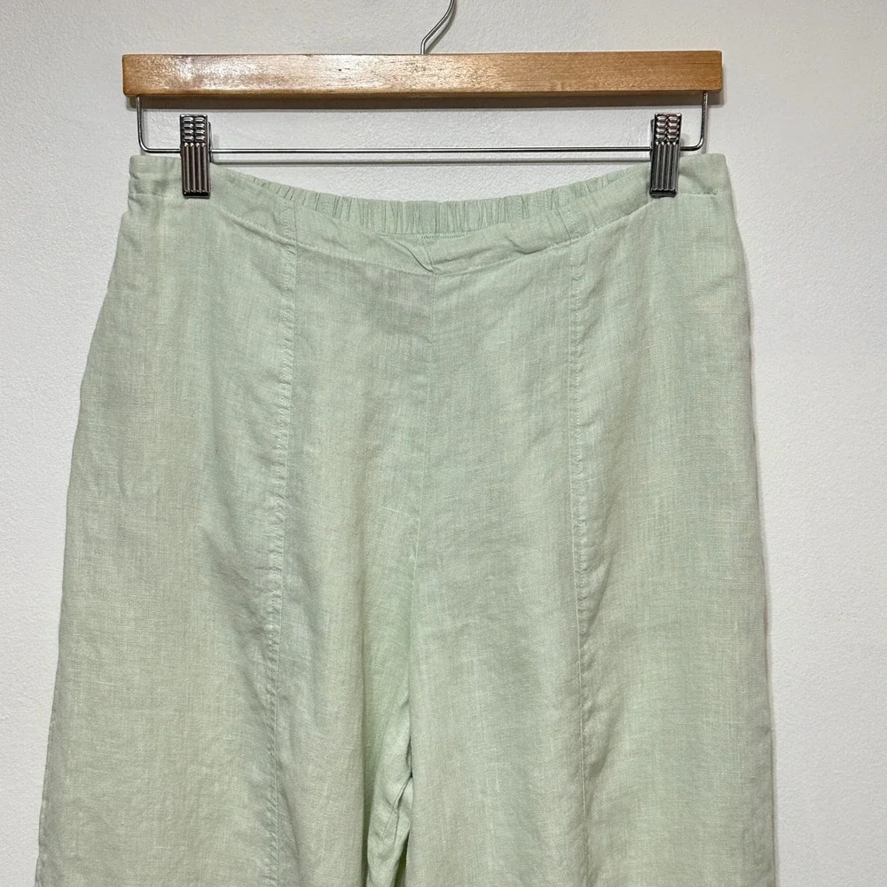 FLAX 100% Linen Wide Leg Pants Womens Small Mint Green Elastic Waist *Flaw